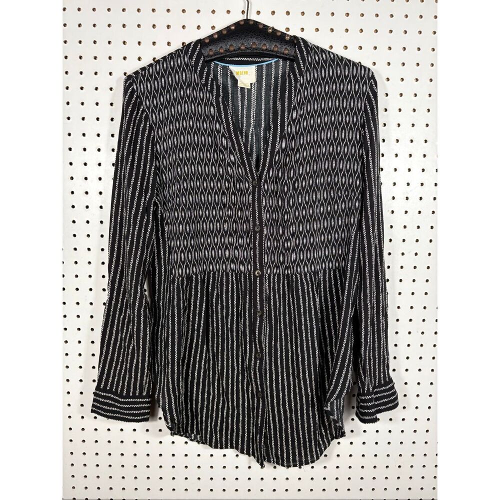 Anthropologie Maeve Calia Black & White Printed Buttondown Tunic Top size 10